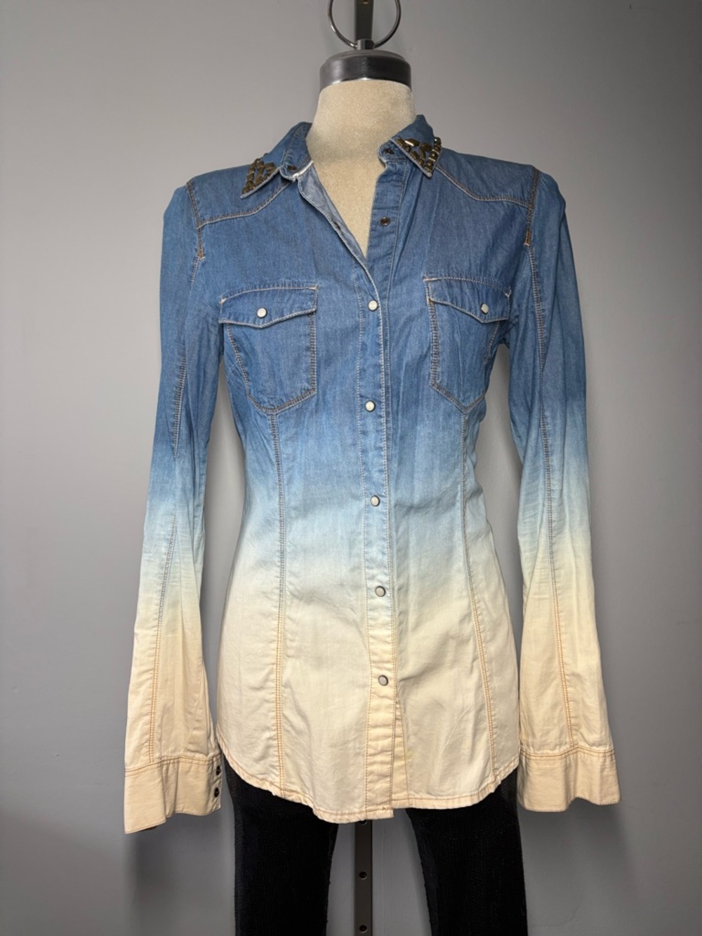 Forever 21 Blue-to-Cream Ombre Denim Button-Up with Stud Collar